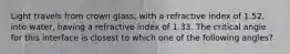 Light travels from crown glass, with a refractive index of 1.52, into water, having a refractive index of 1.33. The critical angle for this interface is closest to which one of the following angles?