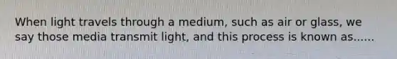 When light travels through a medium, such as air or glass, we say those media transmit light, and this process is known as......