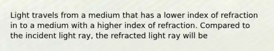 Light travels from a medium that has a lower index of refraction in to a medium with a higher index of refraction. Compared to the incident light ray, the refracted light ray will be