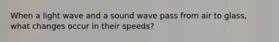 When a light wave and a sound wave pass from air to glass, what changes occur in their speeds?