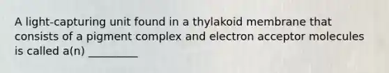 A light-capturing unit found in a thylakoid membrane that consists of a pigment complex and electron acceptor molecules is called a(n) _________