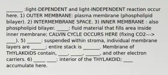 _______ :light-DEPENDENT and light-INDEPENDENT reaction occur here. 1) OUTER MEMBRANE: plasma membrane (phospholipid bilayer). 2) INTERMEMBRANE SPACE. 3) INNER MEMBRANE : also phospholipid bilayer. _____: fluid material that fills area inside inner membrane; CALVIN CYCLE OCCURS HERE (fixing CO2---> ____). 5) ______: suspended within stroma, individual membrane layers are ______; entire stack is _______. Membrane of THYLAKOIDS contain, ____, _____, ______, and other electron carriers. 6) _____ ____: interior of the THYLAKOID; ____ accumulate here.