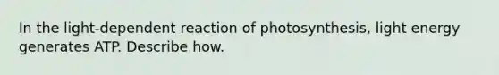 In the light-dependent reaction of photosynthesis, light energy generates ATP. Describe how.