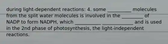 during light-dependent reactions: 4. some __________ molecules from the split water molecules is involved in the _________ of NADP to form NADPH, which ___________ _____________ and is used in the 2nd phase of photosynthesis, the light-independent reactions.