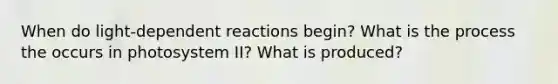 When do light-dependent reactions begin? What is the process the occurs in photosystem II? What is produced?