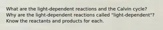 What are the light-dependent reactions and the Calvin cycle? Why are the light-dependent reactions called "light-dependent"? Know the reactants and products for each.