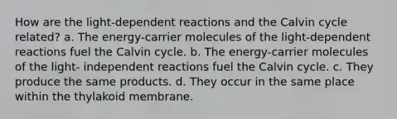 How are the light-dependent reactions and the Calvin cycle related? a. The energy-carrier molecules of the light-dependent reactions fuel the Calvin cycle. b. The energy-carrier molecules of the light- independent reactions fuel the Calvin cycle. c. They produce the same products. d. They occur in the same place within the thylakoid membrane.