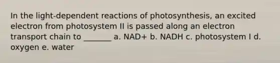 In the light-dependent reactions of photosynthesis, an excited electron from photosystem II is passed along an electron transport chain to _______ a. NAD+ b. NADH c. photosystem I d. oxygen e. water