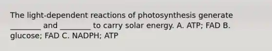 The light-dependent reactions of photosynthesis generate ________ and ________ to carry solar energy. A. ATP; FAD B. glucose; FAD C. NADPH; ATP