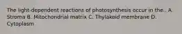 The light-dependent reactions of photosynthesis occur in the.. A. Stroma B. Mitochondrial matrix C. Thylakoid membrane D. Cytoplasm