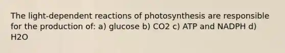 The light-dependent reactions of photosynthesis are responsible for the production of: a) glucose b) CO2 c) ATP and NADPH d) H2O