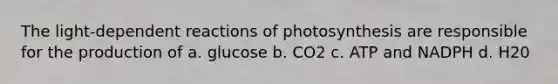 The light-dependent reactions of photosynthesis are responsible for the production of a. glucose b. CO2 c. ATP and NADPH d. H20