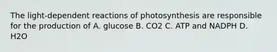 The light-dependent reactions of photosynthesis are responsible for the production of A. glucose B. CO2 C. ATP and NADPH D. H2O