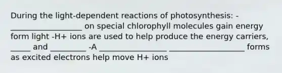 During the light-dependent reactions of photosynthesis: -__________________ on special chlorophyll molecules gain energy form light -H+ ions are used to help produce the energy carriers, _____ and _________ -A _________________ ___________________ forms as excited electrons help move H+ ions