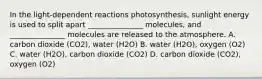 In the light-dependent reactions photosynthesis, sunlight energy is used to split apart _______________ molecules, and _______________ molecules are released to the atmosphere. A. carbon dioxide (CO2), water (H2O) B. water (H2O), oxygen (O2) C. water (H2O), carbon dioxide (CO2) D. carbon dioxide (CO2), oxygen (O2)