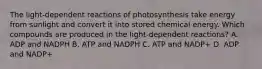 The light-dependent reactions of photosynthesis take energy from sunlight and convert it into stored chemical energy. Which compounds are produced in the light-dependent reactions? A. ADP and NADPH B. ATP and NADPH C. ATP and NADP+ D. ADP and NADP+