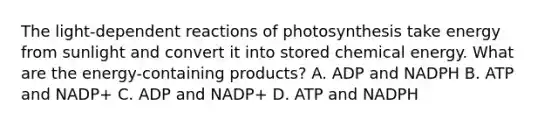 The light-dependent reactions of photosynthesis take energy from sunlight and convert it into stored chemical energy. What are the energy-containing products? A. ADP and NADPH B. ATP and NADP+ C. ADP and NADP+ D. ATP and NADPH