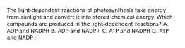 The light-dependent reactions of photosynthesis take energy from sunlight and convert it into stored chemical energy. Which compounds are produced in the light-dependent reactions? A. ADP and NADPH B. ADP and NADP+ C. ATP and NADPH D. ATP and NADP+