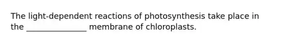 The light-dependent reactions of photosynthesis take place in the _______________ membrane of chloroplasts.