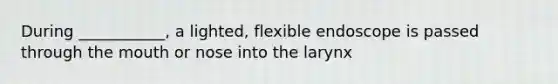 During ___________, a lighted, flexible endoscope is passed through the mouth or nose into the larynx