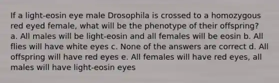 If a light-eosin eye male Drosophila is crossed to a homozygous red eyed female, what will be the phenotype of their offspring? a. All males will be light-eosin and all females will be eosin b. All flies will have white eyes c. None of the answers are correct d. All offspring will have red eyes e. All females will have red eyes, all males will have light-eosin eyes