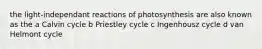 the light-independant reactions of photosynthesis are also known as the a Calvin cycle b Priestley cycle c Ingenhousz cycle d van Helmont cycle