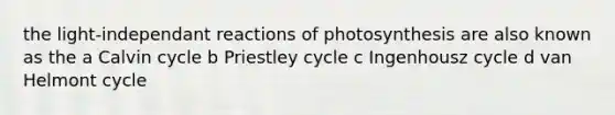 the light-independant reactions of photosynthesis are also known as the a Calvin cycle b Priestley cycle c Ingenhousz cycle d van Helmont cycle