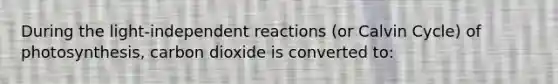 During the light-independent reactions (or Calvin Cycle) of photosynthesis, carbon dioxide is converted to: