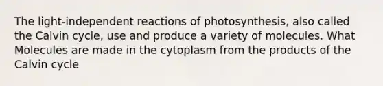 The light-independent reactions of photosynthesis, also called the Calvin cycle, use and produce a variety of molecules. What Molecules are made in the cytoplasm from the products of the Calvin cycle