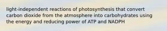 light-independent reactions of photosynthesis that convert carbon dioxide from the atmosphere into carbohydrates using the energy and reducing power of ATP and NADPH