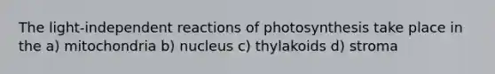 The light-independent reactions of photosynthesis take place in the a) mitochondria b) nucleus c) thylakoids d) stroma