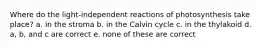 Where do the light-independent reactions of photosynthesis take place? a. in the stroma b. in the Calvin cycle c. in the thylakoid d. a, b, and c are correct e. none of these are correct