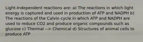 Light-Independent reactions are: a) The reactions in which light energy is captured and used in production of ATP and NADPH b) The reactions of the Calvin cycle in which ATP and NADPH are used to reduce CO2 and produce organic compounds such as glucose c) Thermal --> Chemical d) Structures of animal cells to produce ATP