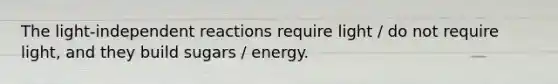 The light-independent reactions require light / do not require light, and they build sugars / energy.