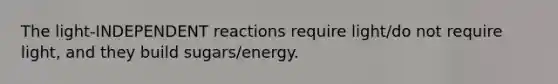 The light-INDEPENDENT reactions require light/do not require light, and they build sugars/energy.