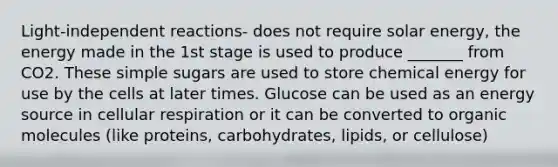 Light-independent reactions- does not require solar energy, the energy made in the 1st stage is used to produce _______ from CO2. These simple sugars are used to store chemical energy for use by the cells at later times. Glucose can be used as an energy source in cellular respiration or it can be converted to organic molecules (like proteins, carbohydrates, lipids, or cellulose)