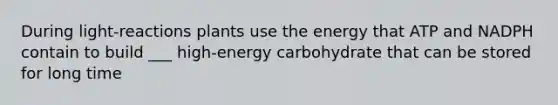 During light-reactions plants use the energy that ATP and NADPH contain to build ___ high-energy carbohydrate that can be stored for long time