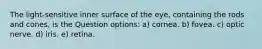 The light-sensitive inner surface of the eye, containing the rods and cones, is the Question options: a) cornea. b) fovea. c) optic nerve. d) iris. e) retina.