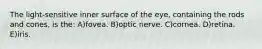 The light-sensitive inner surface of the eye, containing the rods and cones, is the: A)fovea. B)optic nerve. C)cornea. D)retina. E)iris.