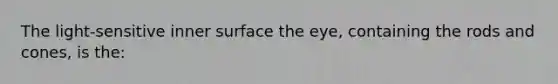 The light-sensitive inner surface the eye, containing the rods and cones, is the: