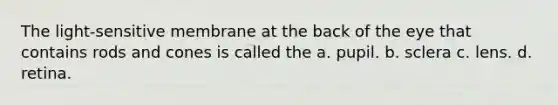The light-sensitive membrane at the back of the eye that contains rods and cones is called the a. pupil. b. sclera c. lens. d. retina.