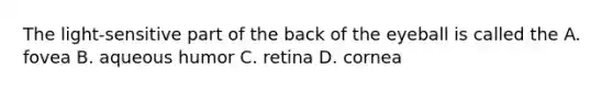 The light-sensitive part of the back of the eyeball is called the A. fovea B. aqueous humor C. retina D. cornea