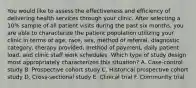 You would like to assess the effectiveness and efficiency of delivering health services through your clinic. After selecting a 10% sample of all patient visits during the past six months, you are able to characterize the patient population utilizing your clinic in terms of age, race, sex, method of referral, diagnostic category, therapy provided, method of payment, daily patient load, and clinic staff work schedules. Which type of study design most appropriately characterizes this situation? A. Case-control study B. Prospective cohort study C. Historical prospective cohort study D. Cross-sectional study E. Clinical trial F. Community trial