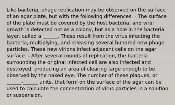 Like bacteria, phage replication may be observed on the surface of an agar plate, but with the following differences. - The surface of the plate must be covered by the host bacteria, and viral growth is detected not as a colony, but as a hole in the bacteria layer, called a ______. These result from the virus infecting the bacteria, multiplying, and releasing several hundred new phage particles. These new virions infect adjacent cells on the agar surface. - After several rounds of replication, the bacteria surrounding the original infected cell are also infected and destroyed, producing an area of clearing large enough to be observed by the naked eye. The number of these plaques, or ______-______ units, that form on the surface of the agar can be used to calculate the concentration of virus particles in a solution or suspension.