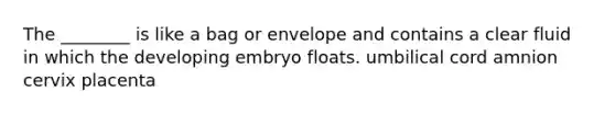 The ________ is like a bag or envelope and contains a clear fluid in which the developing embryo floats. umbilical cord amnion cervix placenta