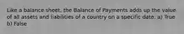 Like a balance sheet, the Balance of Payments adds up the value of all assets and liabilities of a country on a specific date. a) True b) False