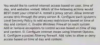 You would like to control internet access based on user, time of day, and websites visited. Which of the following actions would BEST meet your criteria? A. Install a proxy server. Allow internet access only through the proxy server. B. Configure each system's Local Security Policy to add access restrictions based on time of day and content. C. Enable Windows Firewall on each system. Add or remove exceptions to control access based on time of day and content. D. Configure internet zones using Internet Options. E. Configure a packet-filtering firewall. Add rules to allow or deny access based on time of day and content.