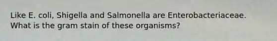 Like E. coli, Shigella and Salmonella are Enterobacteriaceae. What is the gram stain of these organisms?