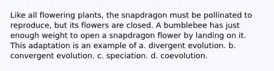 Like all flowering plants, the snapdragon must be pollinated to reproduce, but its flowers are closed. A bumblebee has just enough weight to open a snapdragon flower by landing on it. This adaptation is an example of a. divergent evolution. b. convergent evolution. c. speciation. d. coevolution.