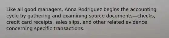 Like all good managers, Anna Rodriguez begins the accounting cycle by gathering and examining source documents—checks, credit card receipts, sales slips, and other related evidence concerning specific transactions.